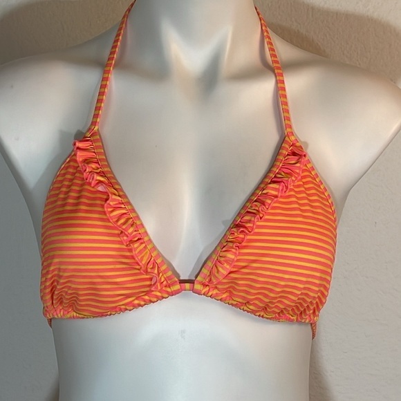 VS PINK Ruffle String Bikini Pink Yellow Stripe M Bottom L Top - Picture 2 of 8